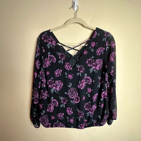 Torrid Black Pink Floral Chiffon Cage Crisscross Back Blouse Women’s Size 1X - Picture 5 of 13